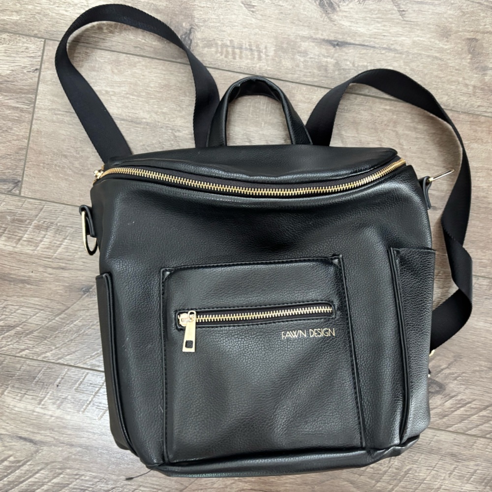 Fawn Design Black Leather Diaper Bag /Backpack